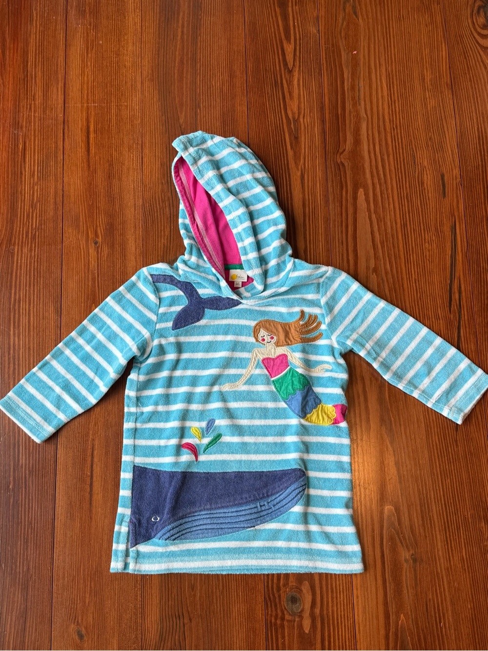 Mini Boden Terry Cloth Hooded Swim Cover-Up Towel Tunic with Mermaid & Whale